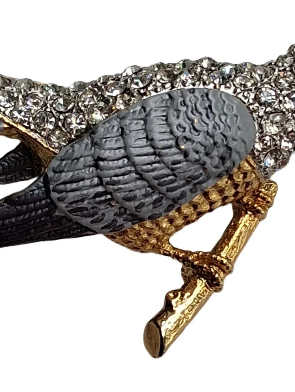 Vintage Large Bird on Branch Brooch Rhinestone Grey Enamel Pin